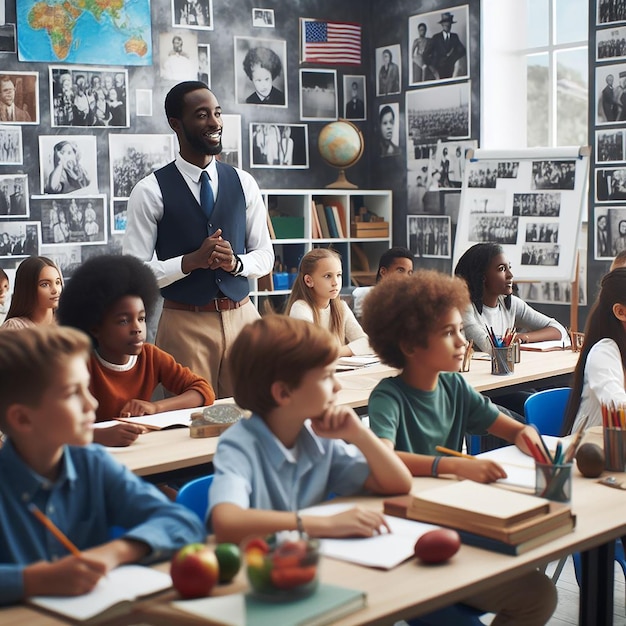 An educational setting with diverse students of various descents learning about Black history