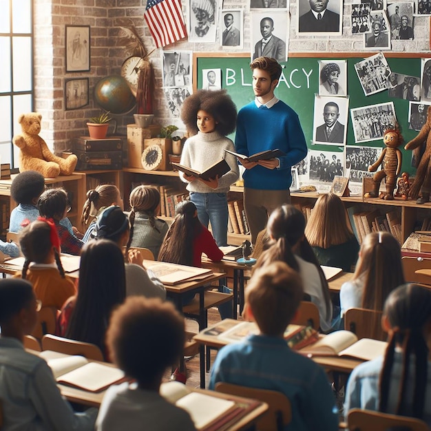 An educational setting with diverse students of various descents learning about Black history