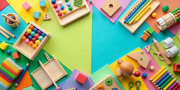 Photo educational wooden toys and stationery on colorful paper for kindergarten and preschool activities