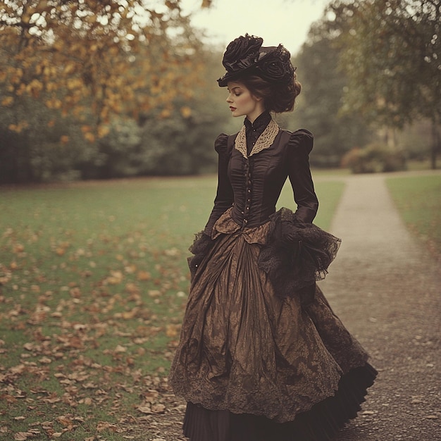 Photo edwardiandressed beautiful woman walking in the park