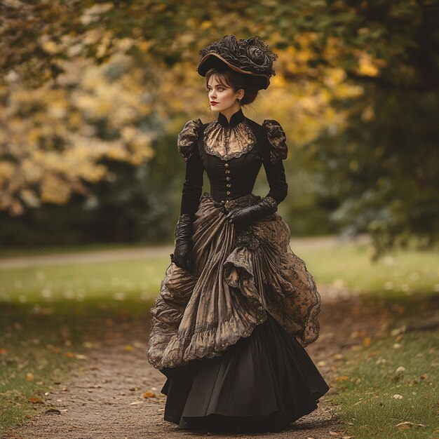 Photo edwardiandressed beautiful woman walking in the park