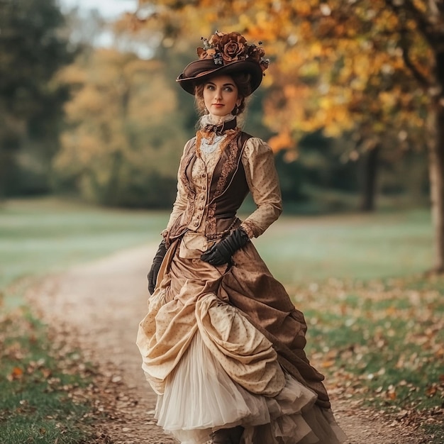 Photo edwardiandressed beautiful woman walking in the park