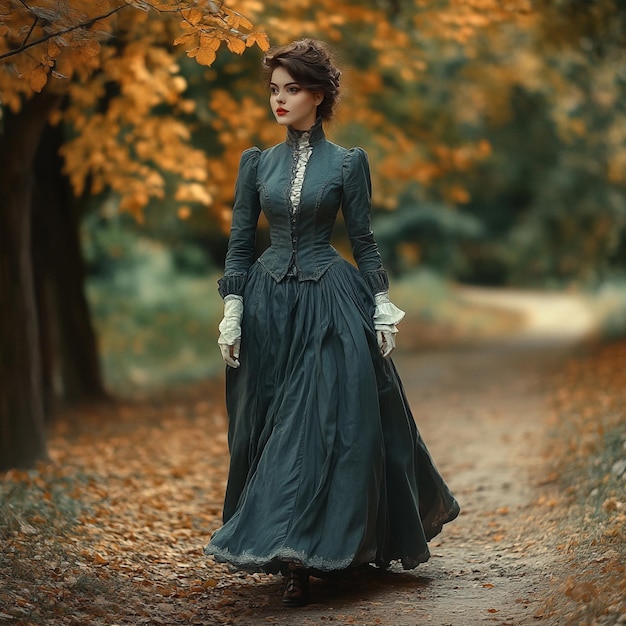 Photo edwardiandressed beautiful woman walking in the park