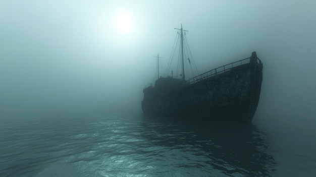 Eerie 3D Ghost Ship Sailing in Misty Waters with Haunting Atmosphere