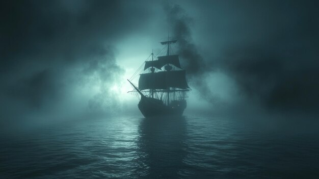 Photo eerie 3d ghost ship sailing through misty waters with haunting elements