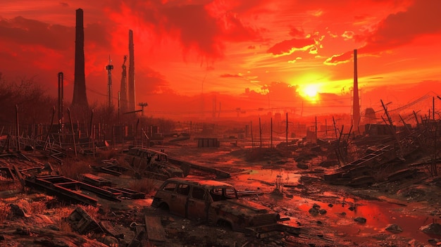 Eerie apocalyptic sunset scene with ruins destroyed buildings and a fiery red sky casting an ominous glow over the wasteland