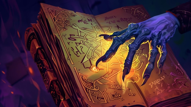 Photo eerie blue hands over spellbook with magical signs