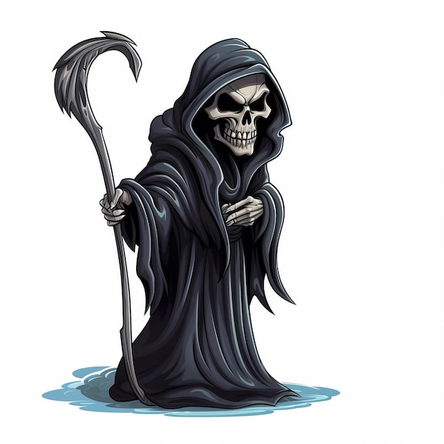 Eerie Cartoon Grim Reaper Poses On White Background