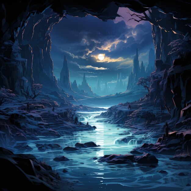 Photo eerie cave with moon and blue moon in mysterious background