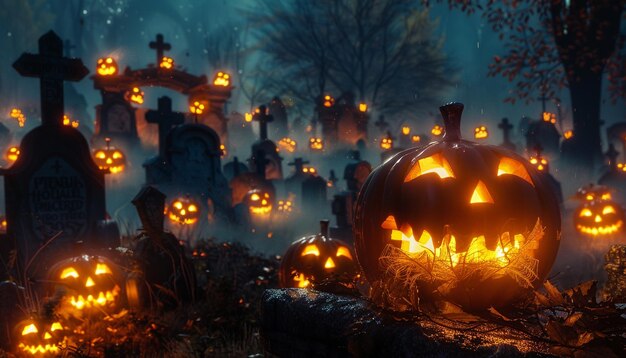 Eerie cemetery with glowing jacklanterns and dark mist