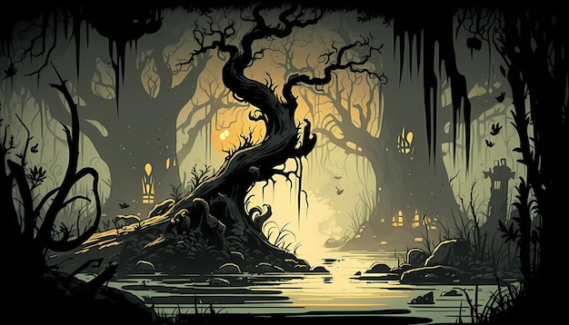 An eerie depiction of a swamp