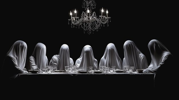 Eerie dining room with ghostly figures cloaked in white dim candlelight creates haunting atmosphere