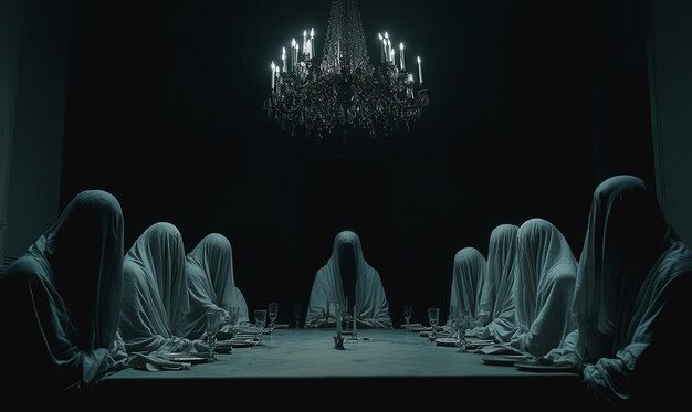 Eerie dining room with ghostly figures cloaked in white dim candlelight creates haunting atmosphere