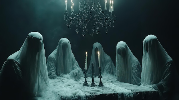 Eerie dining room with ghostly figures cloaked in white dim candlelight creates haunting atmosphere