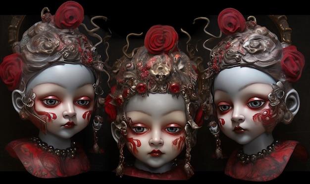 The eerie doll head with red eyes stares back with an unsettling gaze Creating using generative AI tools