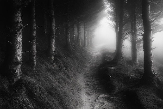 Photo eerie forest with a dark path leading into the distance for a mysterious spooky setting