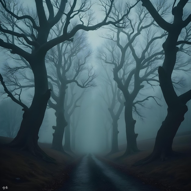 Photo eerie forest with twisted trees and halloween fog