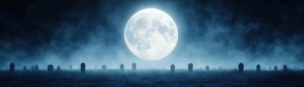 Eerie Full Moon Reflects Over Gothic Gravestones in a Foggy Cemetery Scene