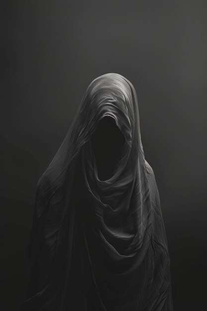 Photo eerie ghost veil mysterious figure in misty white shroud amid dark fog