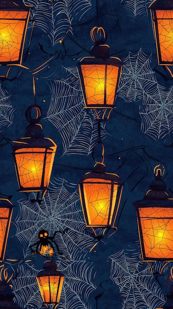 Photo eerie glow a seamless pattern of glowing lanterns and spiderwebs for a spooky halloween