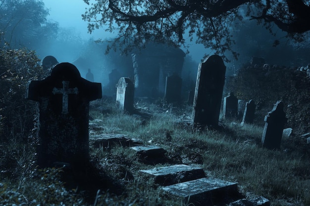 Eerie Graveyard Under a Foggy Night Sky