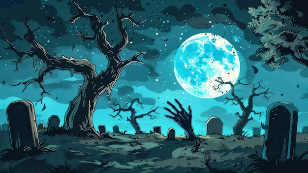 Eerie Graveyard Under the Full Moon Illustration