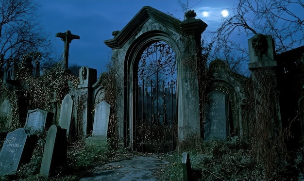 Eerie Graveyard Gate on Halloween Night