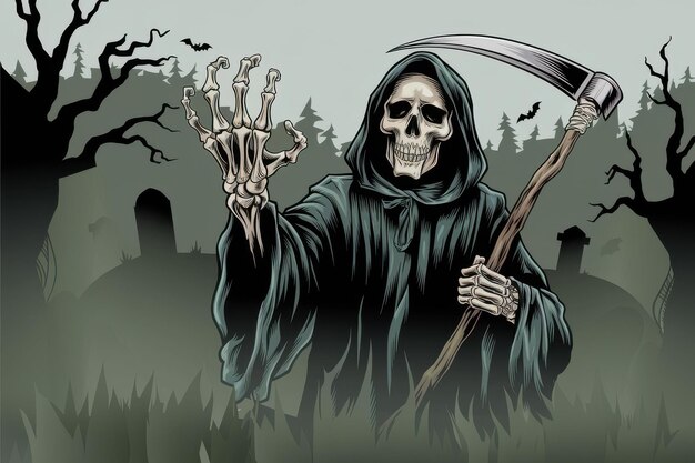 Photo eerie grim reaper skeleton dark forest background halloween spooky halloween illustration event