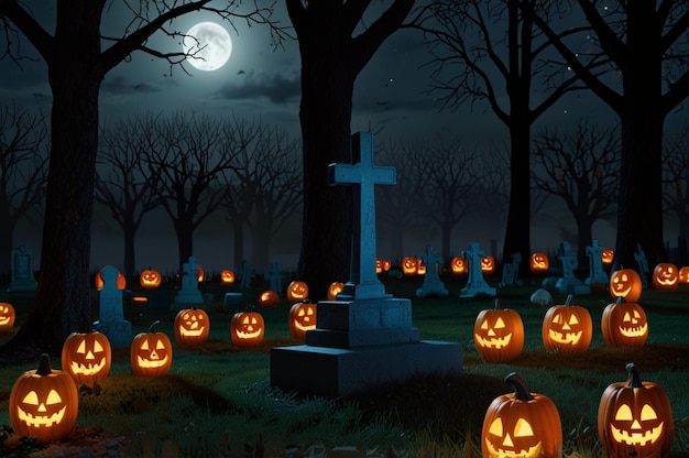 Photo eerie halloween graveyard with flickering lights ar c