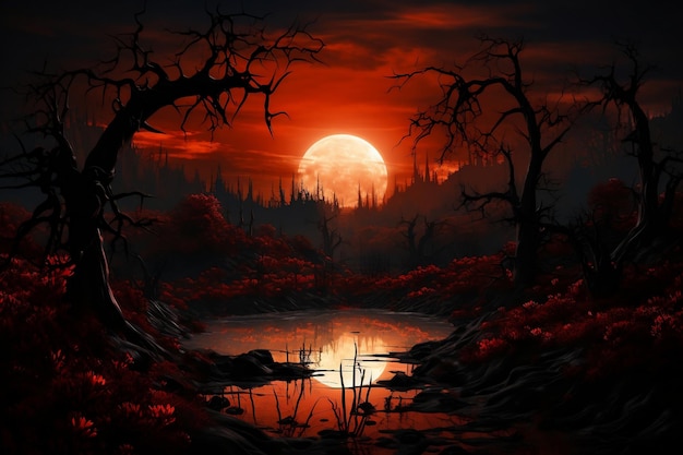 An eerie Halloween landscape featuring a moon Generative Ai