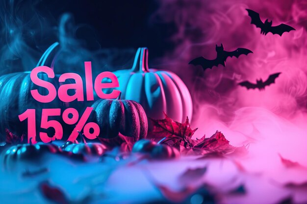 Photo eerie halloween night sale with a 15 discount showcased by mysterious fog and hauntingly lit pumpki