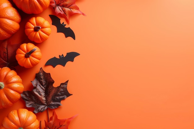 Eerie halloween scene pumpkins bats ghosts and haunted house on vibrant orange background