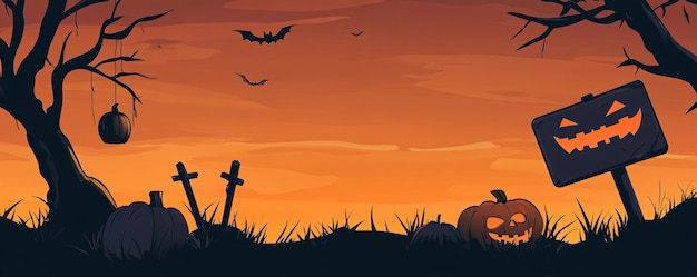 Photo eerie halloween scene with pumpkins bats and crosses at dusk ideal for a spooky themed design