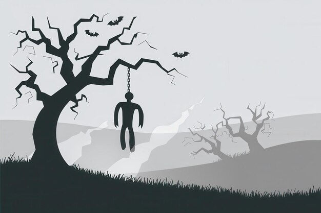 Eerie Halloween Silhouette Hanging Figure Bats Spooky Halloween Illustration Event Promotion