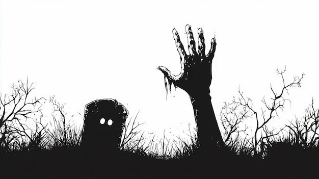 Photo eerie hand raises over grave silhouette and hand drawn crow spooky halloween concept