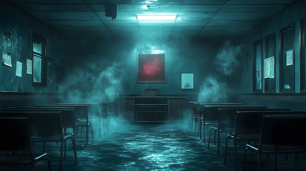 Eerie Haunted Classroom at Night with Flickering Lights and Ghostly Whispers