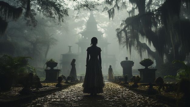 Eerie haunting ghostly silhouetted female figures walking in front of a foggy Southern Plantation antebellum mansion on Halloween night generative AI