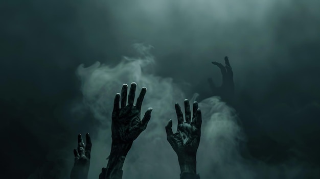 An eerie image of zombie hands reaching from the fog with a dark ominous atmosphere