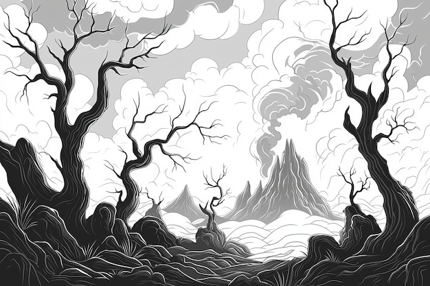 Eerie Landscape with Volcano and Silhouetted Trees