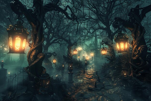 Eerie lanterns glowing in a dark twisted forest