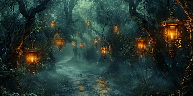 Eerie lanterns illuminating a dark twisted forest path with mist swirling