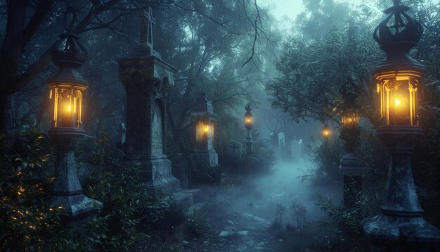 Eerie lanterns illuminating a misty path through an old cemetery