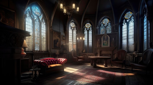 Eerie living room in a medieval vampire castle