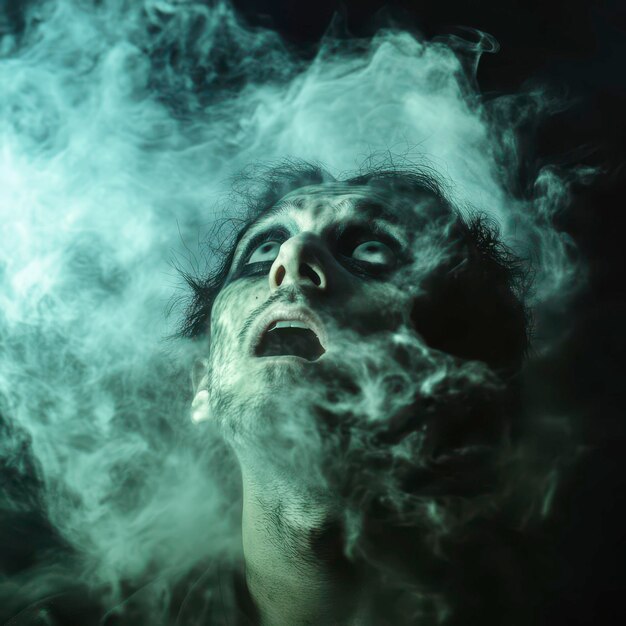 Photo eerie man gazes upward through swirling green smoke in dark setting