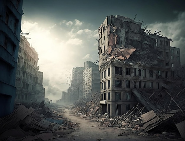 An Eerie and Ominous Apocalyptic View of Destroyed Buildings in the Aftermath of War Generative ai