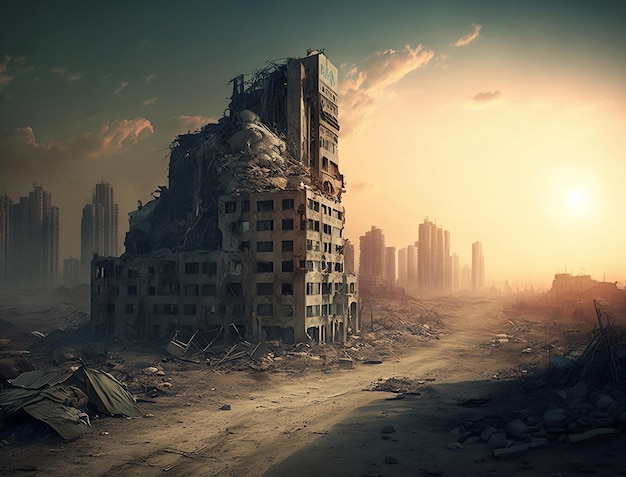 An Eerie and Ominous Apocalyptic View of Destroyed Buildings in the Aftermath of War Generative ai