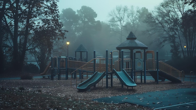 An eerie playground in the middle of a foggy forest The playground is empty and with a strange almost surreal atmosphere