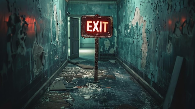 An eerie red exit sign glows ominously in a dilapidated corridor highlighting the desolation of an abandoned building