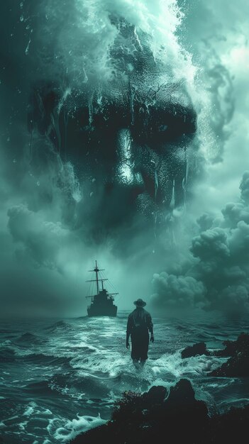 Photo eerie scene with shipwrecks and a giant skull