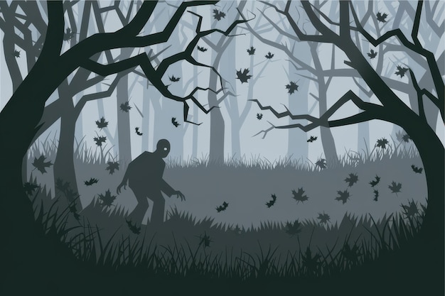 Eerie Silhouette Figure Dark Forest Falling Leaves Atmospheric Horror Background Creative Projects